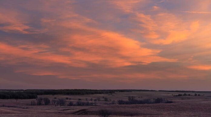 L'alba mentre il sole sorge in lontananza nella Tallgrass Prairie Preserve a Pawhuska, Oklahoma, febbraio 2018