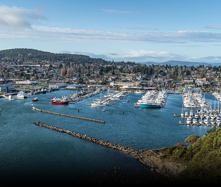 Barche ormeggiate al porto marino con la zona residenziale costiera di Anacortes, Washington