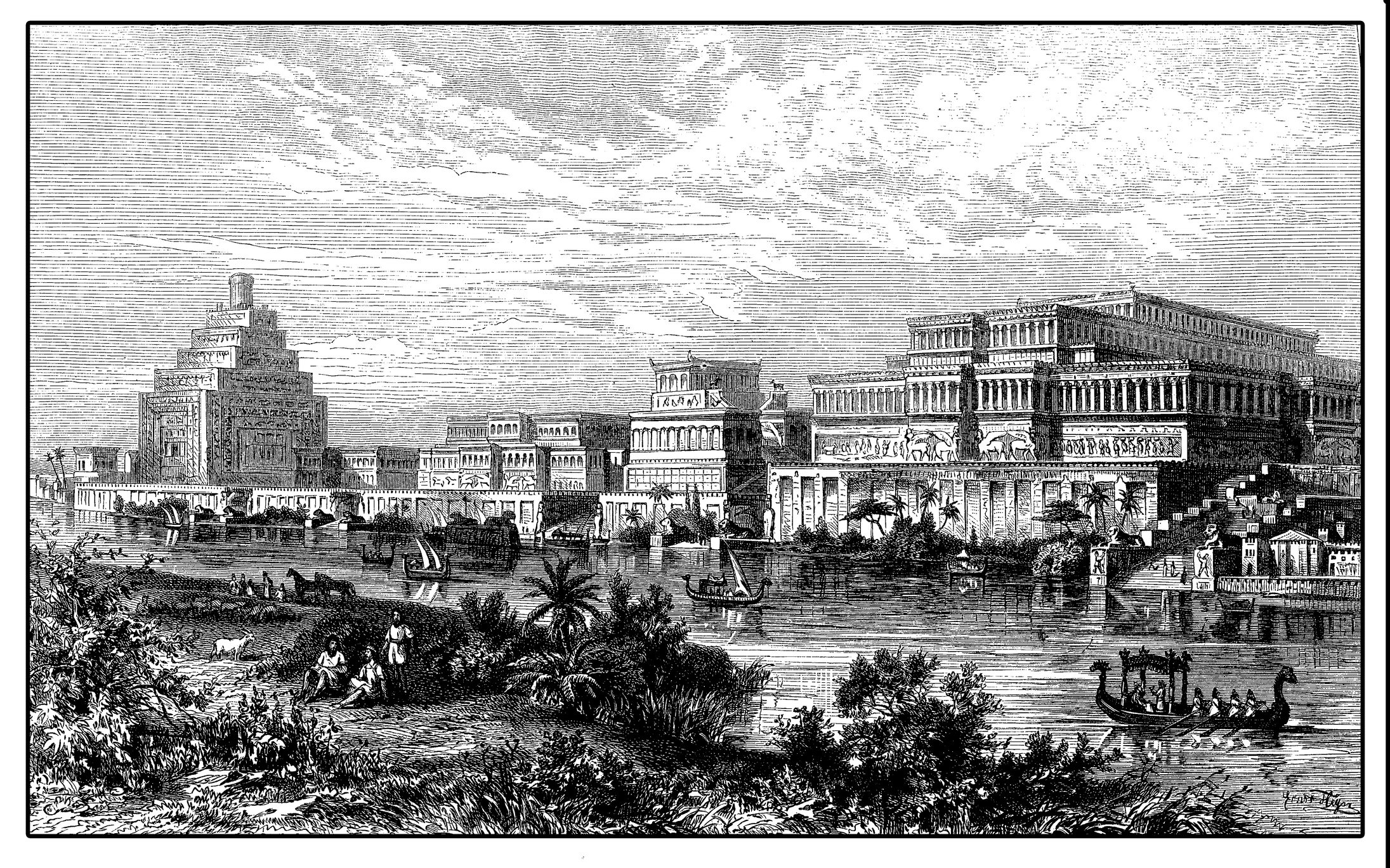 Ricostruzione del palazzo reale assiro a Ninive sul confine del fiume Tigri, impero assiro