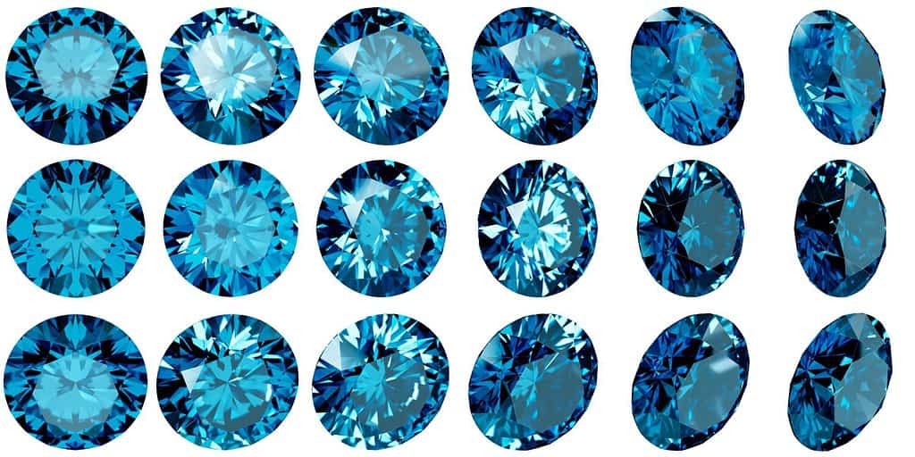Diamanti blu topazio taglio cerchio pietra lusso, angoli incastonati isolati su sfondo bianco