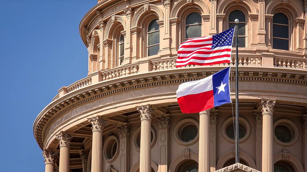 Bandiere di stato americane e del Texas che sventolano sulla cupola del Campidoglio dello stato del Texas ad Austin