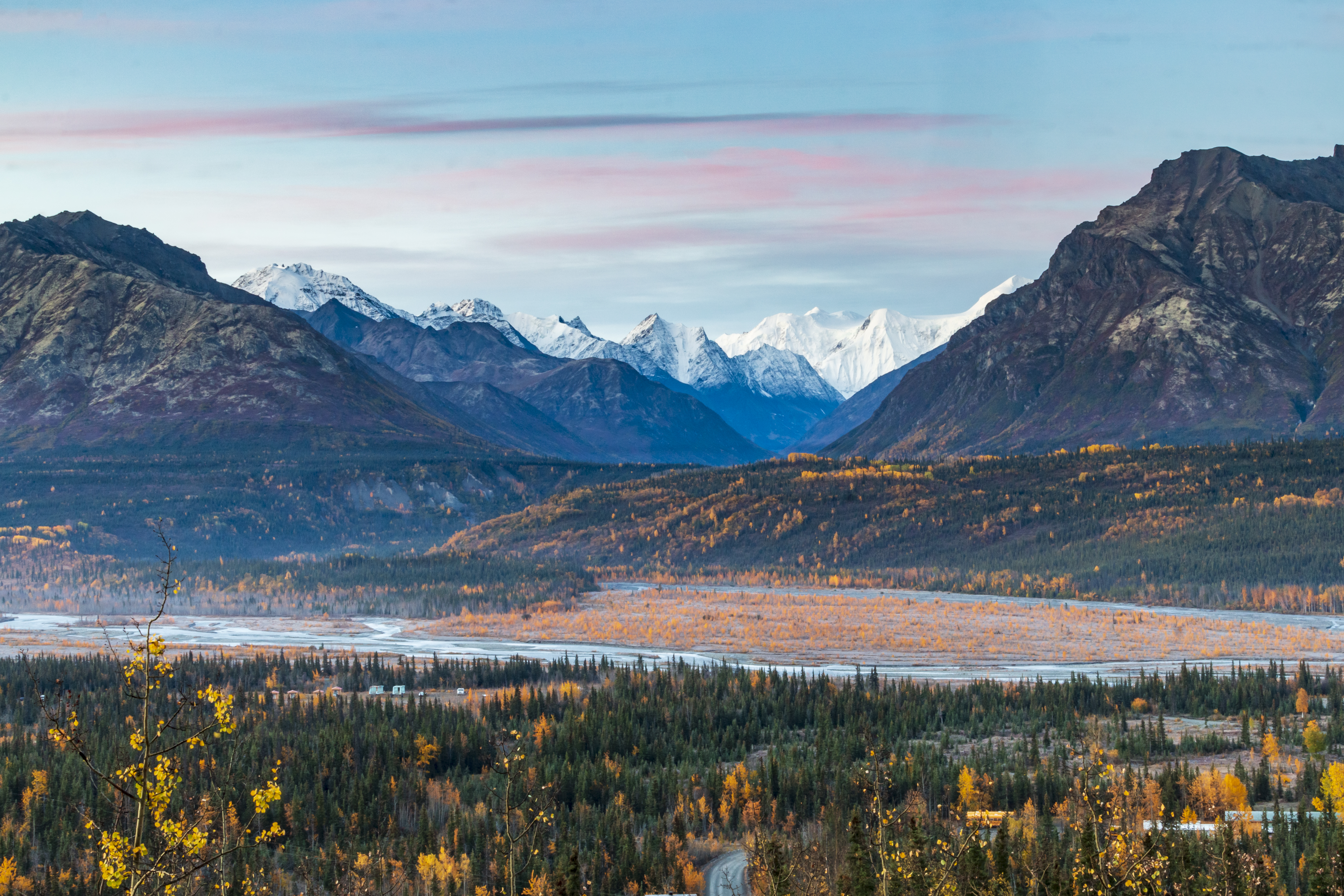 spettacolare paesaggio di foglie autunnali giallo dorato di pioppi tremuli e betulle e montagne innevate della catena montuosa Chugach in Alaska.