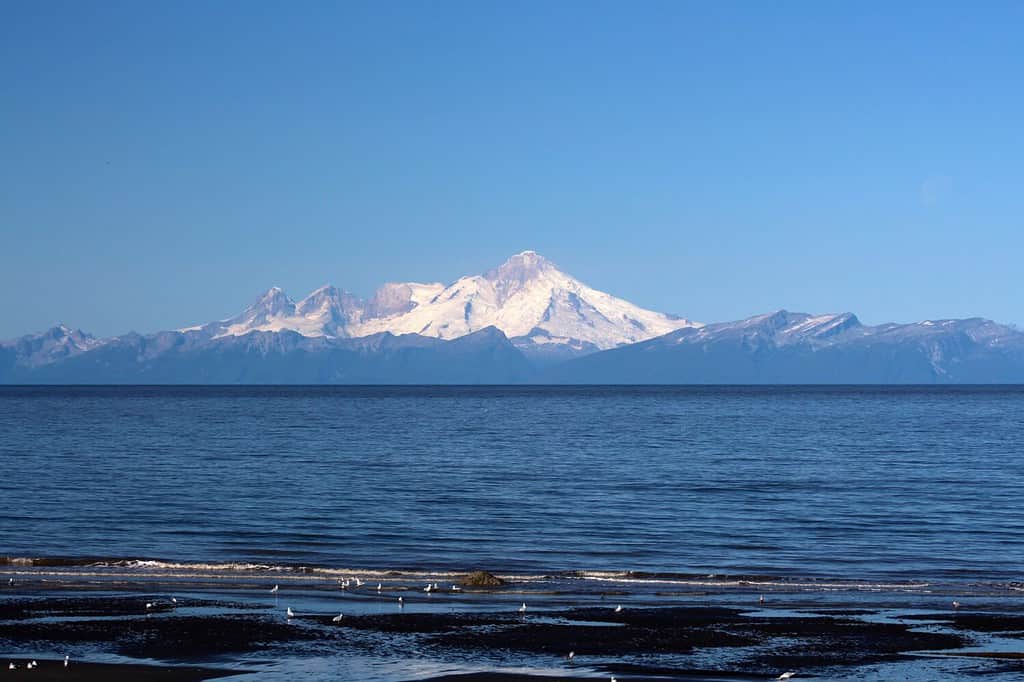 Veduta del Cook Inlet in Alaska con il Monte Iliamna sullo sfondo