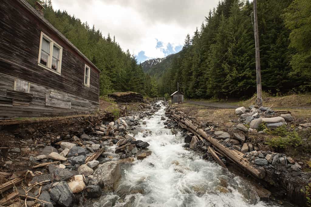 Fiume che porta alle montagne in una vecchia città mineraria d'argento abbandonata.  Sandon, BC Canada