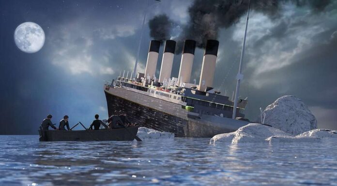 Ricreazione digitale dell'affondamento del Titanic con la scialuppa di salvataggio in primo piano