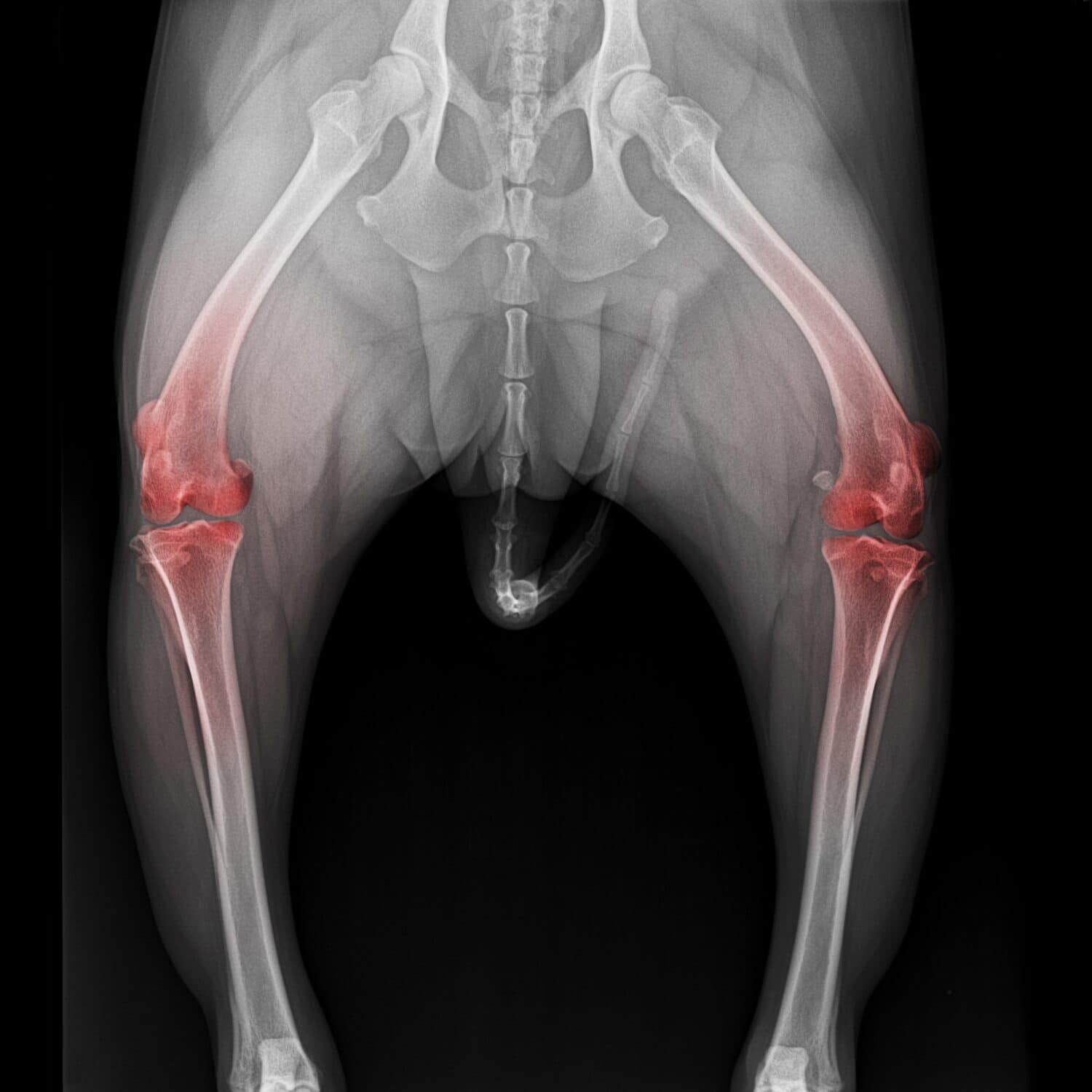 Pellicola radiografica dal bacino all'articolazione del ginocchio del cane, vista anteriore con evidenziazione rossa sull'area del dolore all'articolazione del ginocchio - medicina veterinaria e concetto di anatomia veterinaria - colore bianco e nero