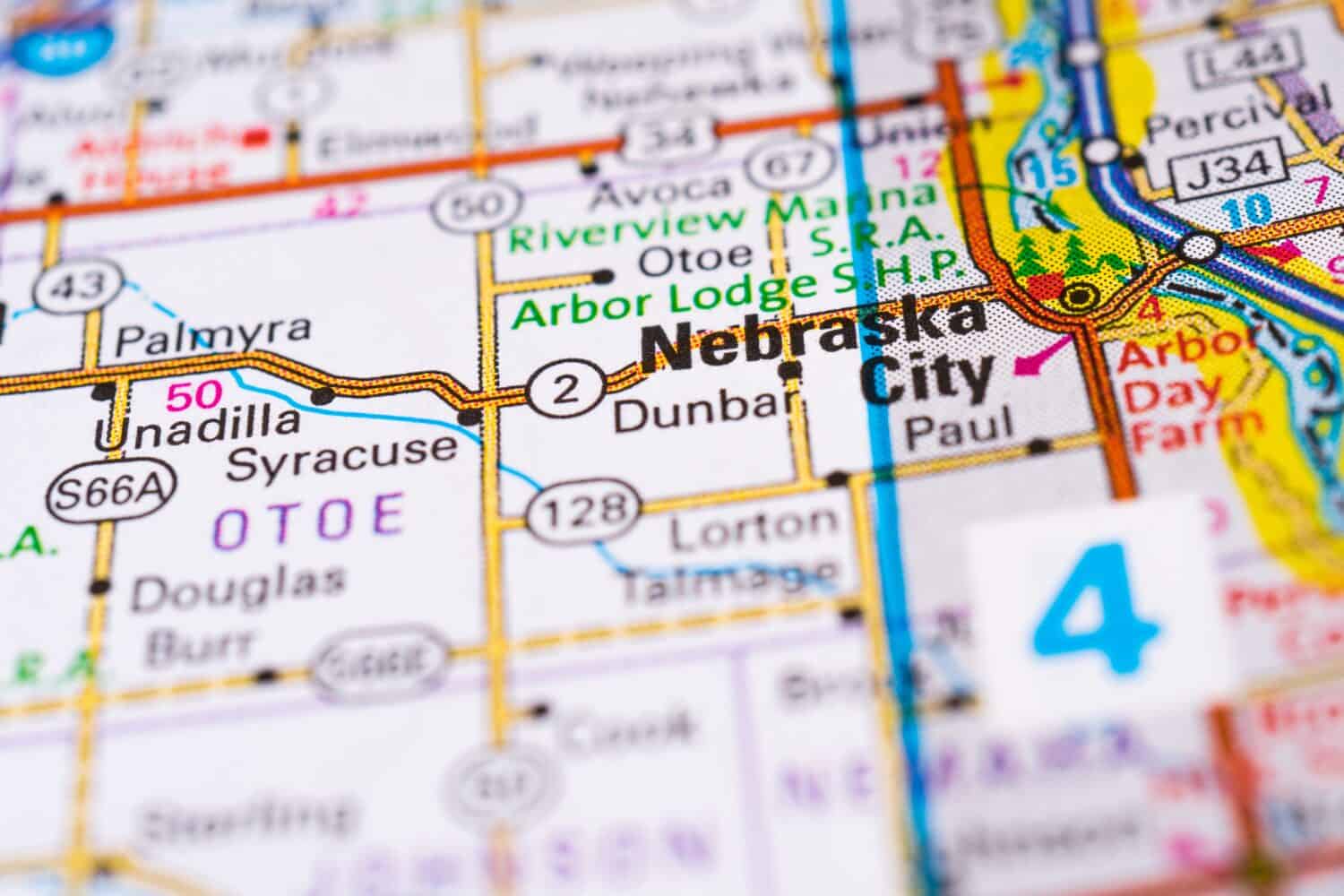 Città del Nebraska sulla mappa degli Stati Uniti