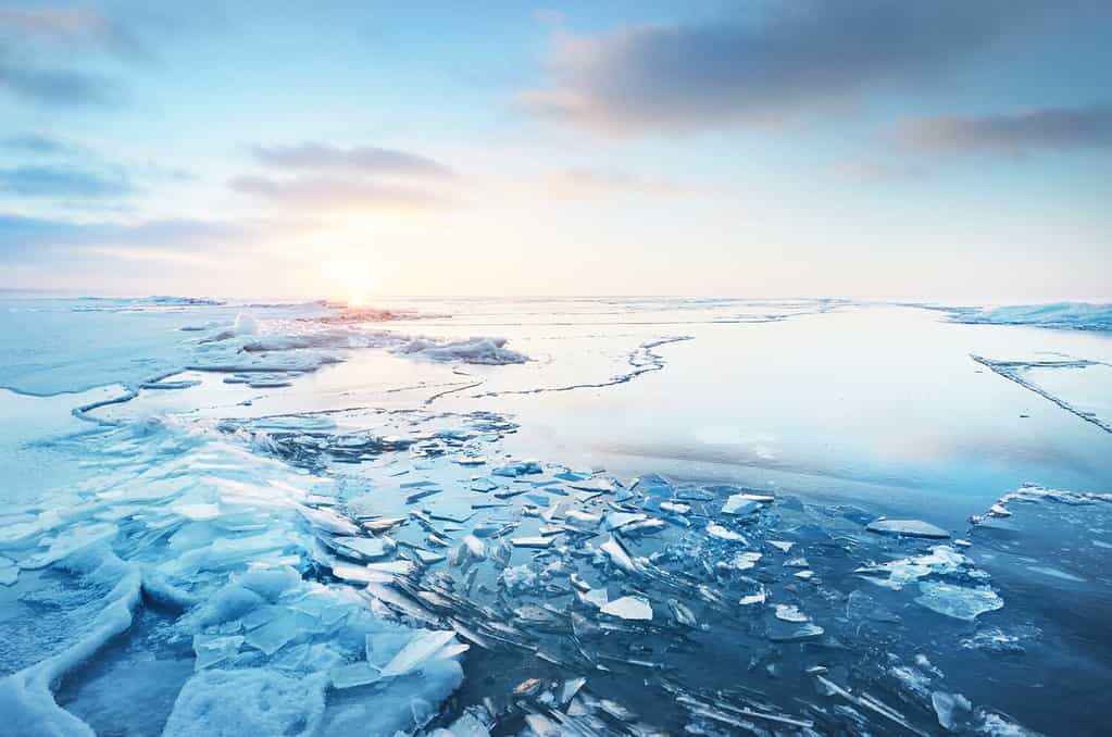 Vista panoramica della costa innevata del Mar Baltico ghiacciato al tramonto.  Primo piano dei frammenti di ghiaccio.  Cloudscape colorato, luce solare morbida.  Riflessi di simmetria sull'acqua.  Natale, stagioni, inverno