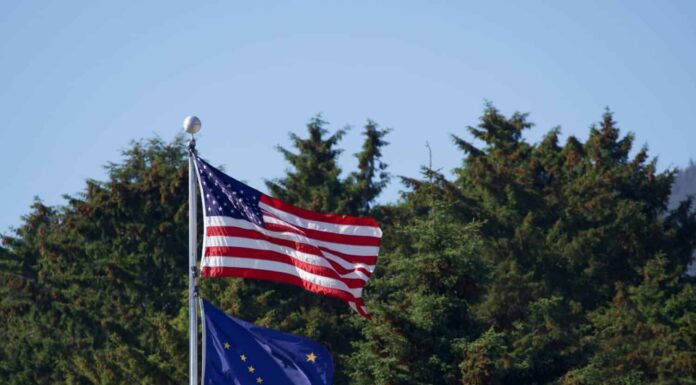 una bandiera americana sventola sopra la bandiera dello stato dell'Alaska in una giornata di sole con alberi sempreverdi sullo sfondo