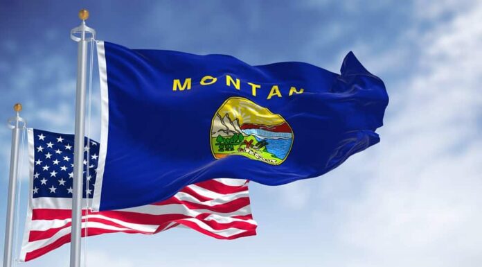 La bandiera dello stato del Montana sventola insieme alla bandiera nazionale degli Stati Uniti d'America.  Sullo sfondo c'è un cielo limpido.  Il Montana è uno stato degli Stati Uniti occidentali