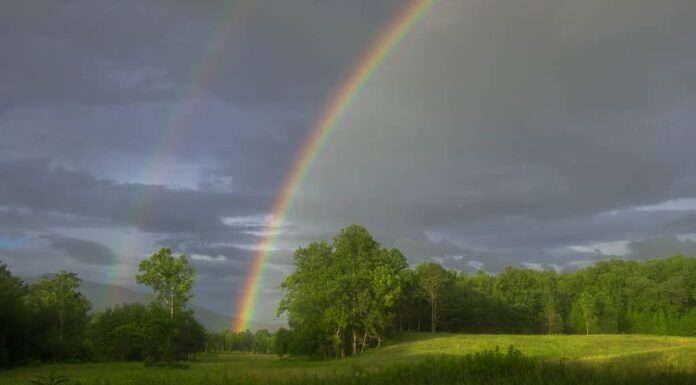 Uno straordinario doppio arcobaleno è apparso dopo un temporale a Cades Cove nel Parco Nazionale delle Great Smoky Mountains.