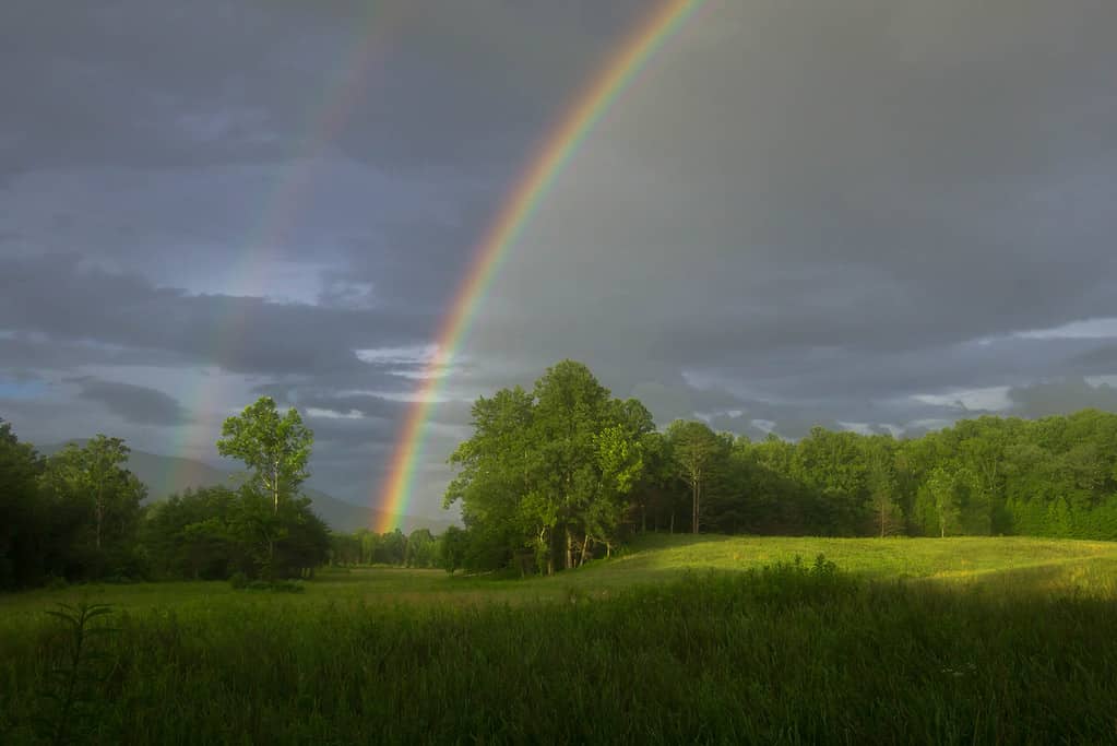 Uno straordinario doppio arcobaleno è apparso dopo un temporale a Cades Cove nel Parco Nazionale delle Great Smoky Mountains.