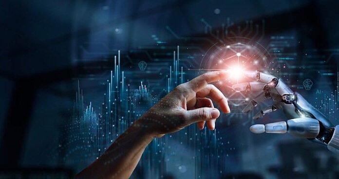 AI, apprendimento automatico, mani di robot e contatto umano sulla connessione di rete di big data, scambio di dati, apprendimento profondo, tecnologia scientifica e di intelligenza artificiale, innovazione futuristica.