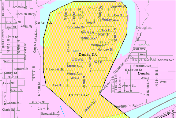 Mappa del censimento della città di Carter Lake - Carter Lake è un sobborgo di Omaha che appartiene all'Iowa.