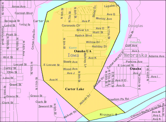 Mappa del censimento della città di Carter Lake - Carter Lake è un sobborgo di Omaha che appartiene all'Iowa.