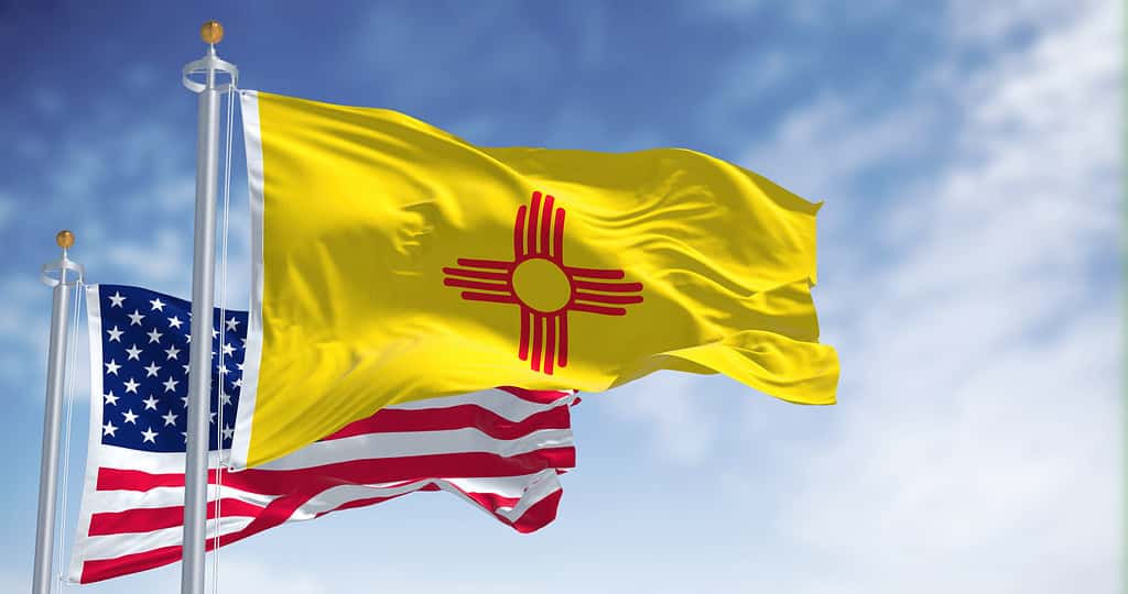 La bandiera dello stato del New Mexico sventola insieme alla bandiera nazionale degli Stati Uniti d'America