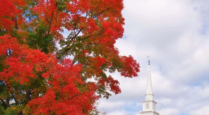 Un grande bellissimo albero rosso brillante dai colori autunnali riempie la metà sinistra del fotogramma con il campanile di una chiesa sotto un cielo azzurro con nuvole bianche gonfie sulla destra ad Hanover, nel New Hampshire, in una bella giornata autunnale