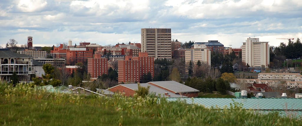 Skyline panoramico del campus della Washington State University a Pullman, Washington.  La WSU ha una serie di imponenti residenze sul lato sud del campus che costituiscono una grande popolazione studentesca.
