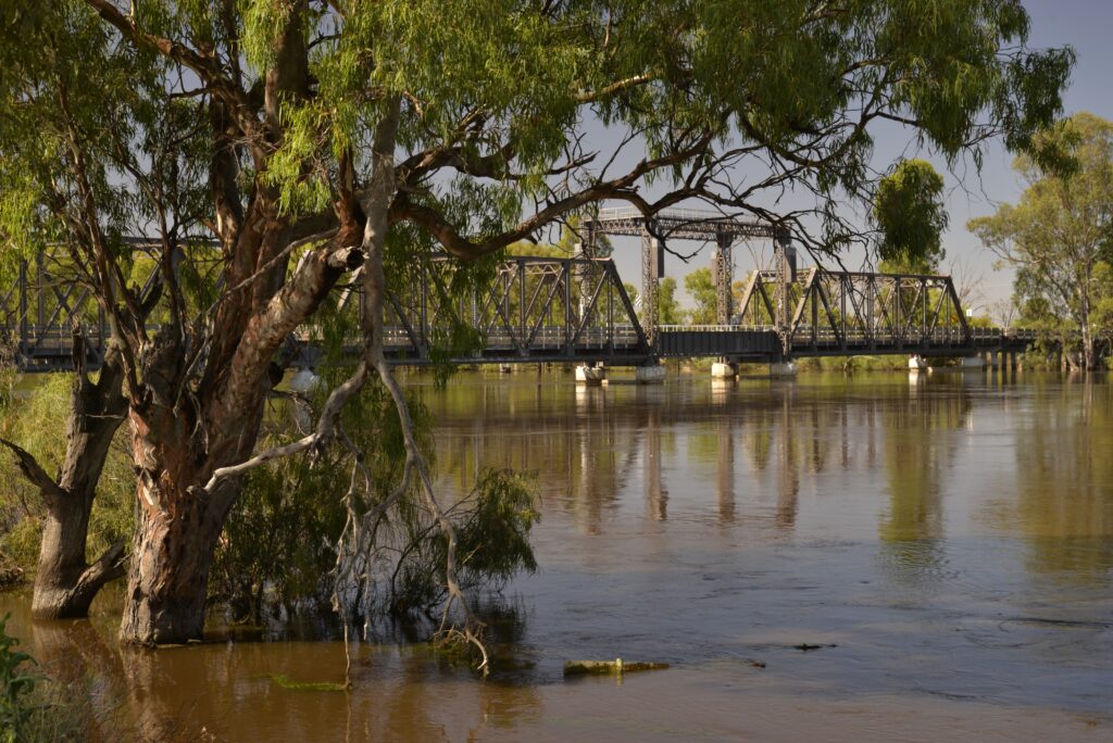 Attraversamento del fiume a Mildura Victoria Australia, fiume Murray in pieno flusso 