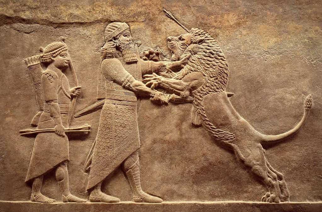 Rilievo murale della Mesopotamia, immagine assira della caccia al leone di Assurbanipal, dettaglio