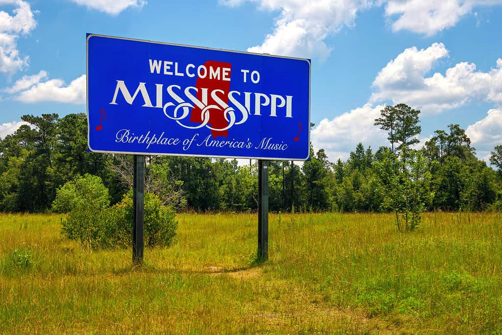 Cartello di benvenuto del Mississippi con le parole "Luogo di nascita della musica americana"