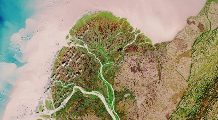 Vista dallo spazio del delta del fiume Yukon, un importante corso d'acqua dell'Alaska, USA - Elementi modificati di questa immagine fornita dall'ESA 