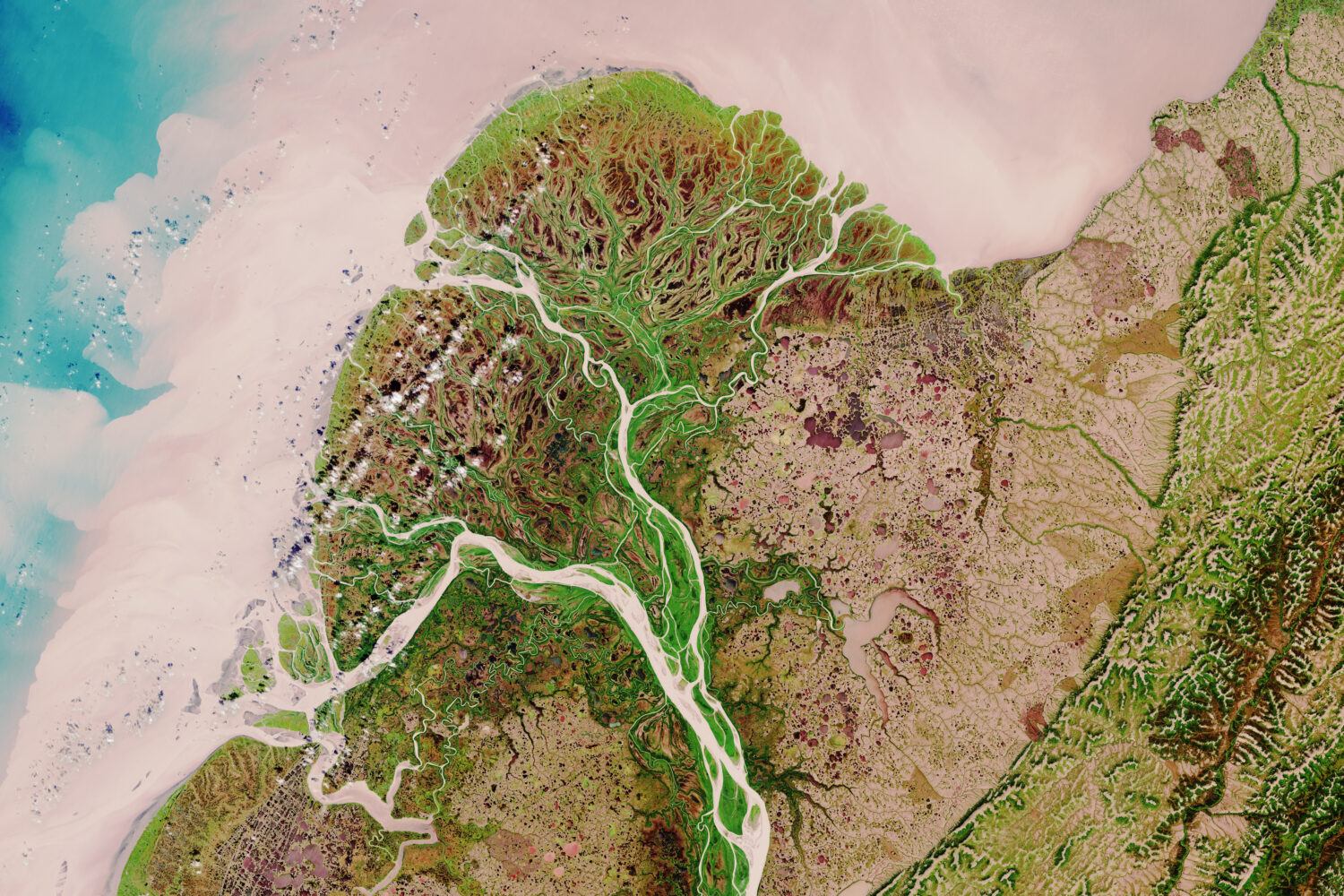 Vista dallo spazio del delta del fiume Yukon, un importante corso d'acqua dell'Alaska, USA - Elementi modificati di questa immagine fornita dall'ESA 