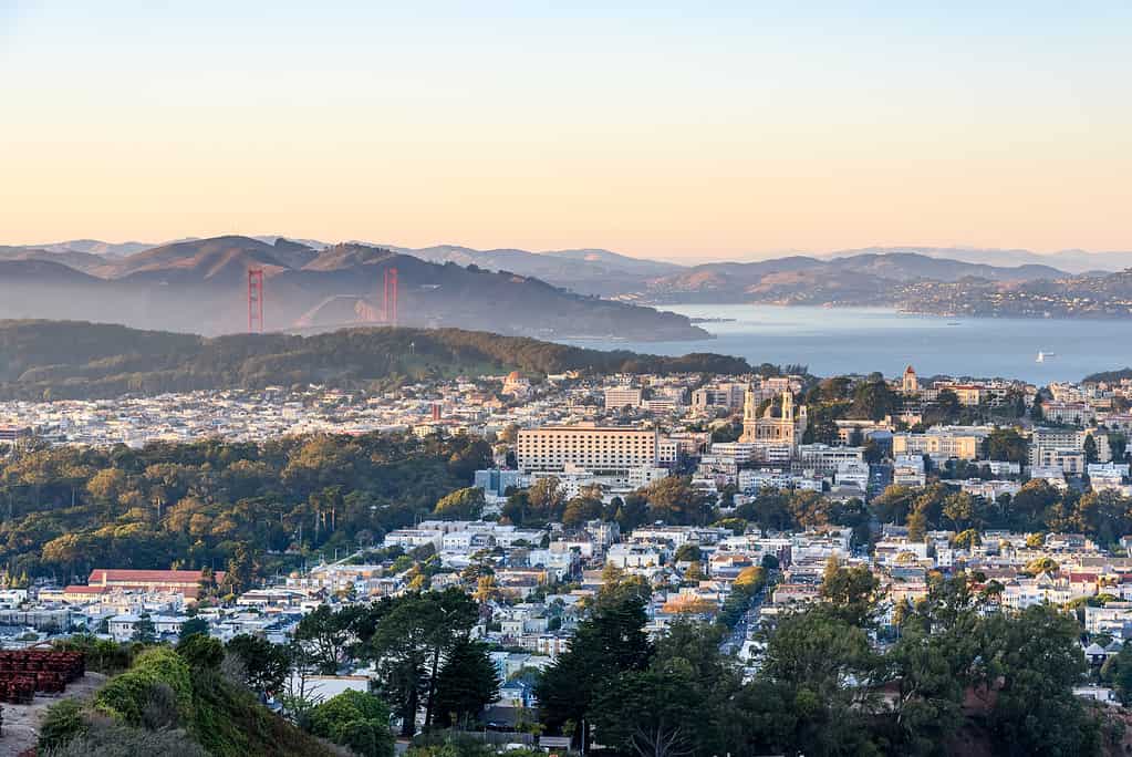 Veduta di un quartiere residenziale di San Francisco con il Golden Gate Bridge e la baia sullo sfondo al tramonto