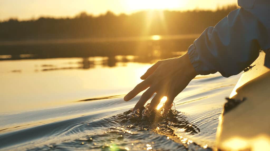 l'uomo mette le dita sul lago in kayak sullo sfondo del tramonto dorato, unità armonia natura