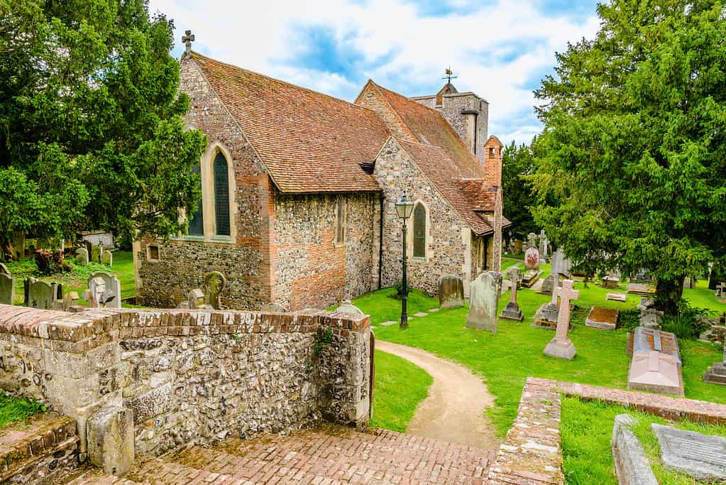 La chiesa di San Martino, sito patrimonio dell'umanità dell'UNESCO, la prima chiesa fondata in Inghilterra a Canterbury, Kent, Regno Unito