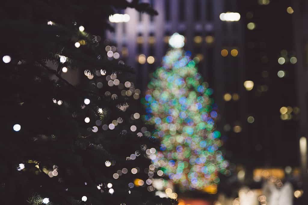 Albero di Natale illuminato contro il Rockefeller Center di notte