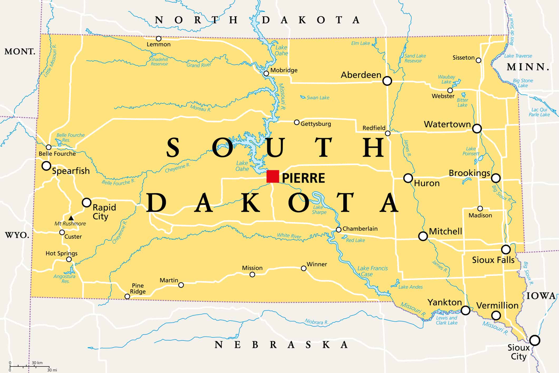 South Dakota, SD, mappa politica, stato degli Stati Uniti, stato del Monte Rushmore