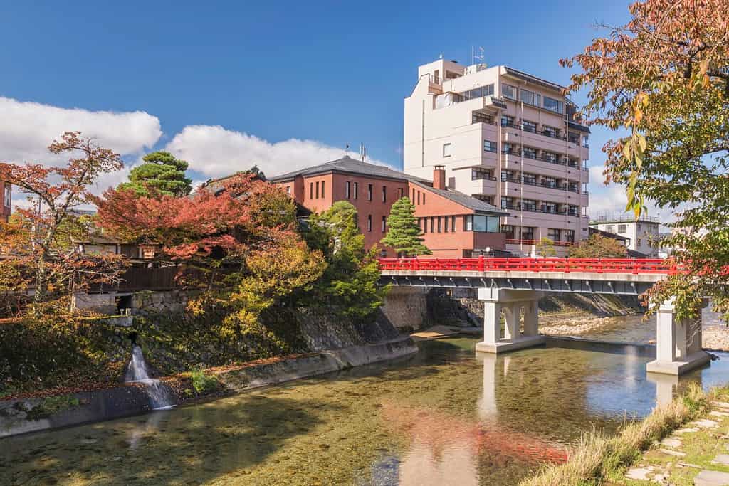 Takayama Giappone, fogliame del paesaggio autunnale al ponte rosso Nakabashi e al fiume Miyakawa
