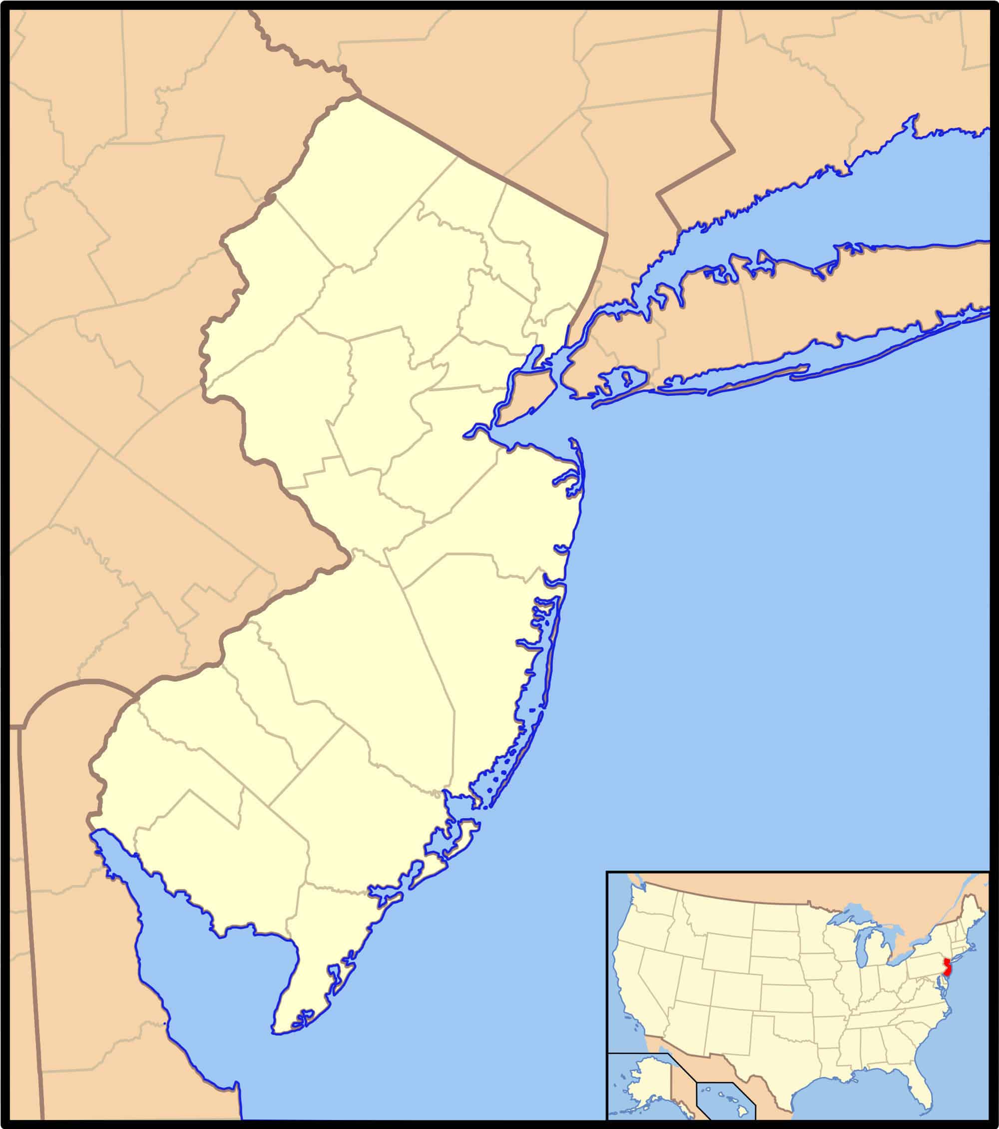Mappa di localizzazione del New Jersey con la sua posizione negli Stati Uniti come riquadro