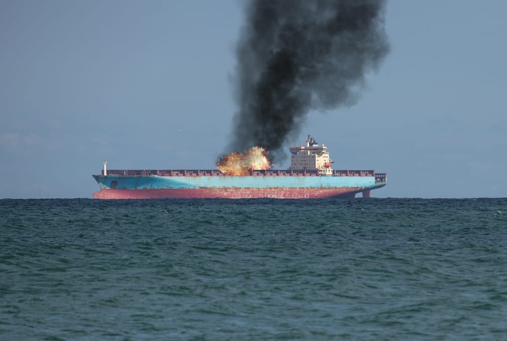 Incendio a bordo di una petroliera in mare.  Fuoco e fumo nero a bordo della nave che galleggia sul mare.