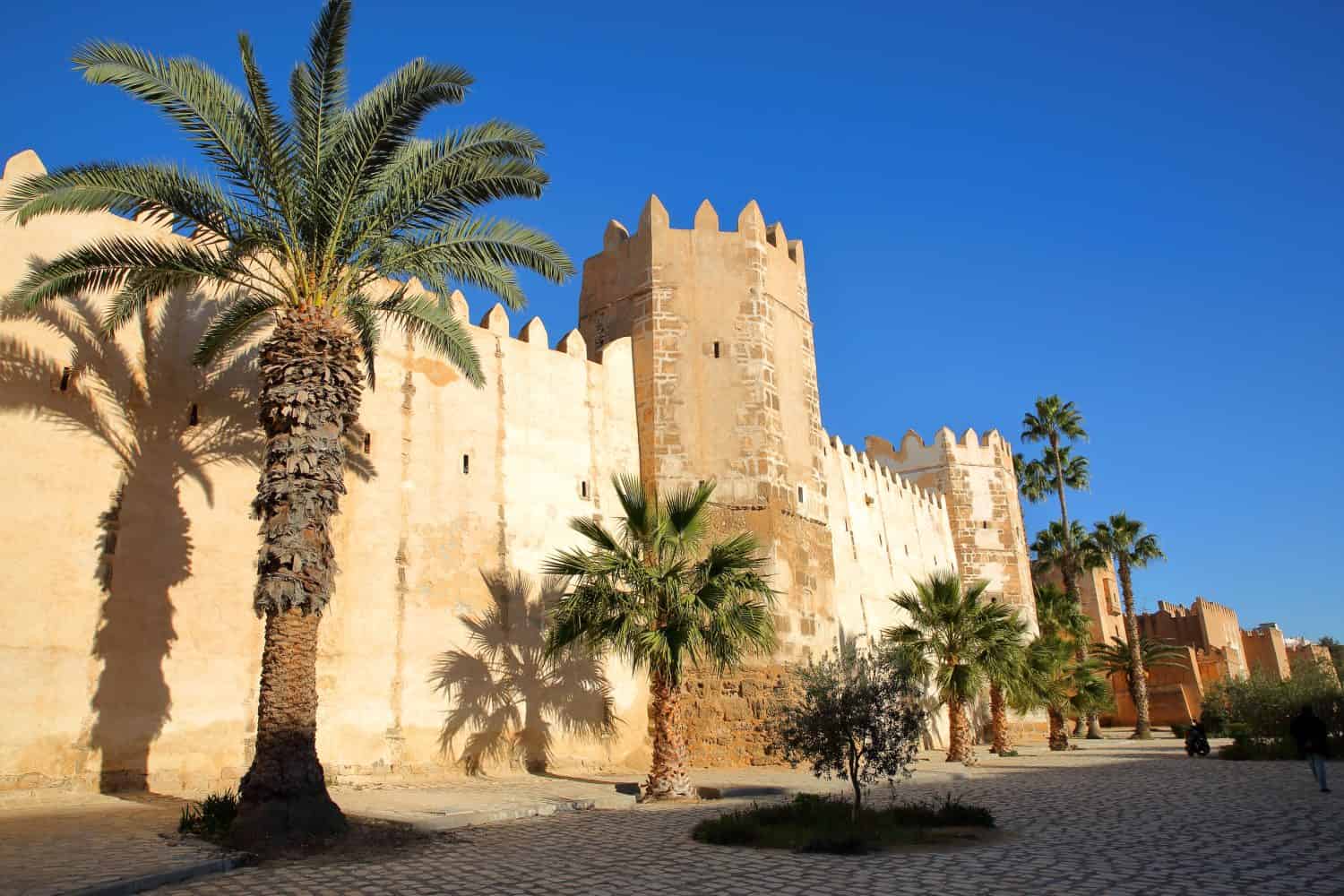 Gli imponenti bastioni della medina circondati da palme colorate e una grande passerella acciottolata a Sfax, Tunisia