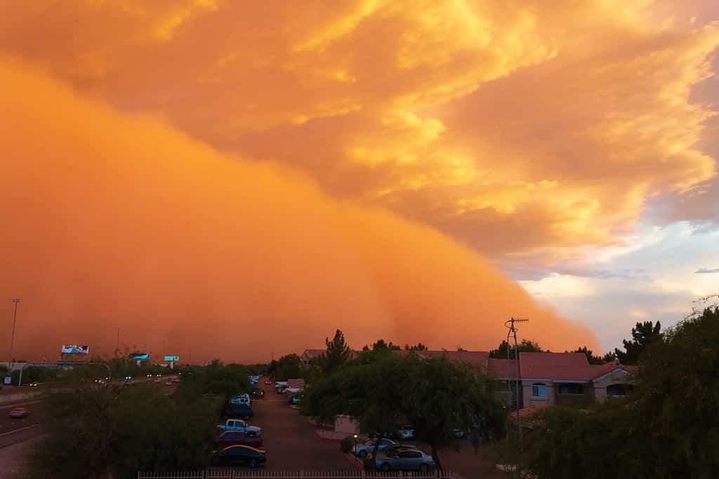 Phoenix, Arizona, Stati Uniti - 4 luglio 2014: Un enorme, alto muro di polvere/tempesta che copre il cielo durante il tramonto.