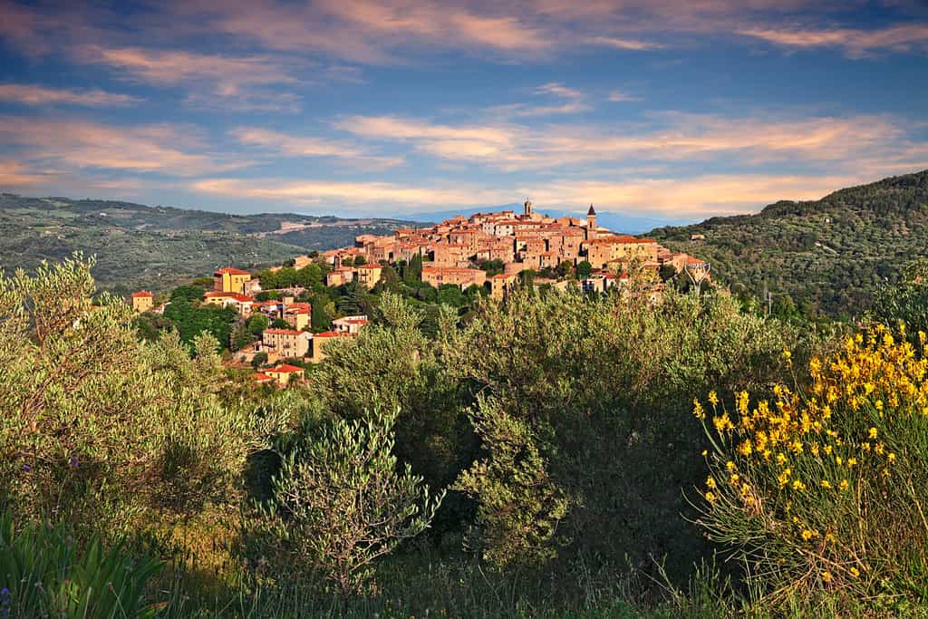 Seggiano, Grosseto, Toscana, Italia: paesaggio di campagna con l'antica cittadina collinare sulle pendici del Monte Amiata