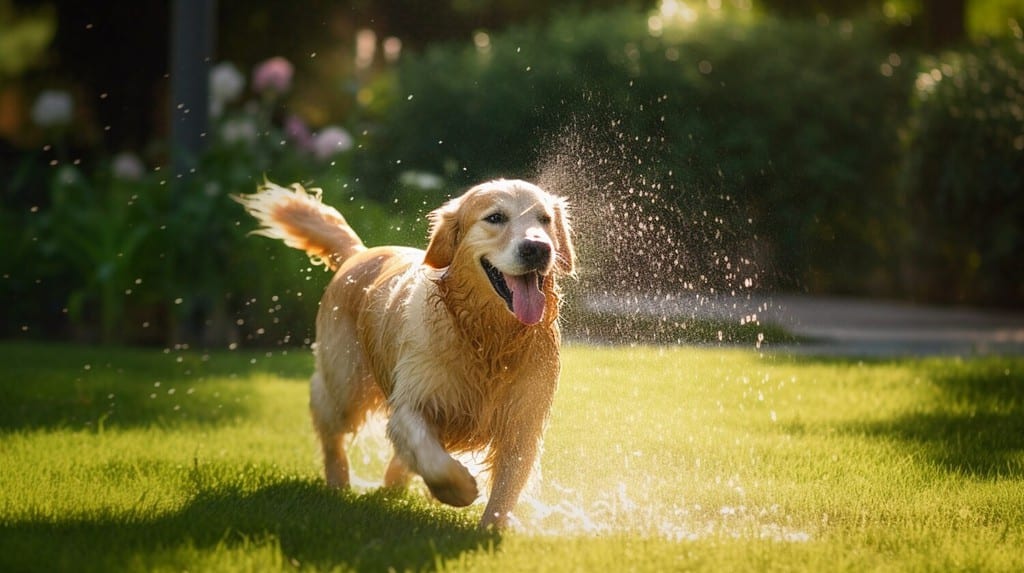 Volto sorridente carino Golden Retriever correre e giocare con acqua spruzzata su un prato in estate.