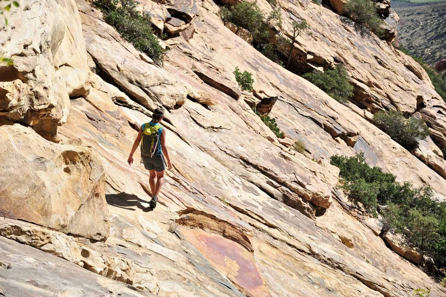 Giovane scalatore femminile che attraversa la ripida parete rocciosa del Monte Wilson, Nevada, USA