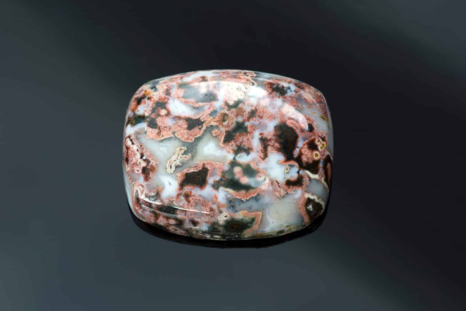 Pietra preziosa lucida sciolta cabochon di diaspro naturale dell'oceano.  Gemma opaca a forma di botte con venature nere e rosse su base bianca muschio.  Estratto in Madagascar.  Gemmologia, mineralogia, lapidaria.