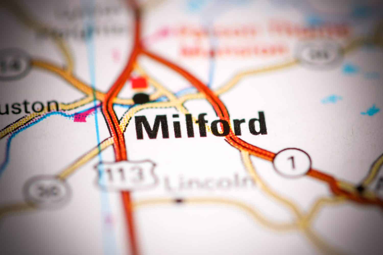 Milford.  Delaware.  Gli Stati Uniti su una mappa geografica