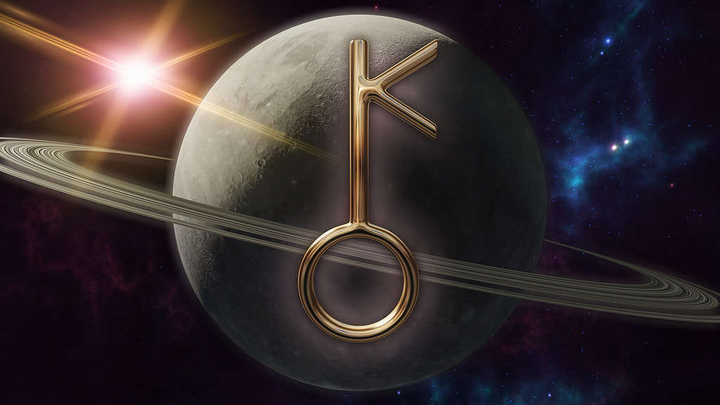 Simbolo e pianeta dell'oroscopo dello zodiaco Chirone.  Rappresentazione 3D