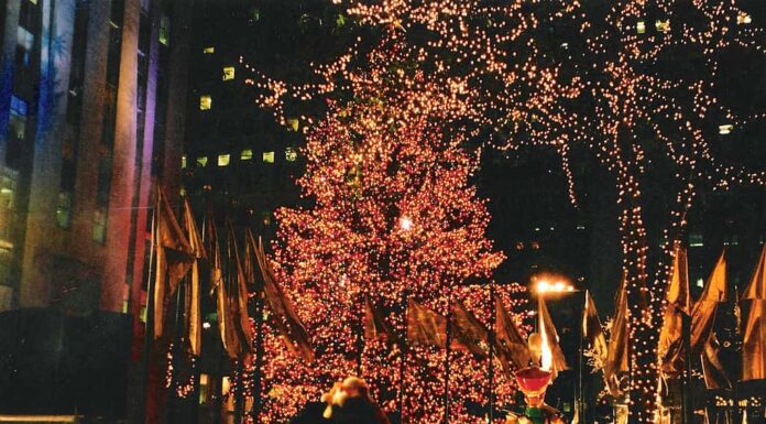 Persone che si godono i festeggiamenti intorno all'inaugurazione dell'albero di Natale al Rockefeller Center, subito dopo il Ringraziamento.