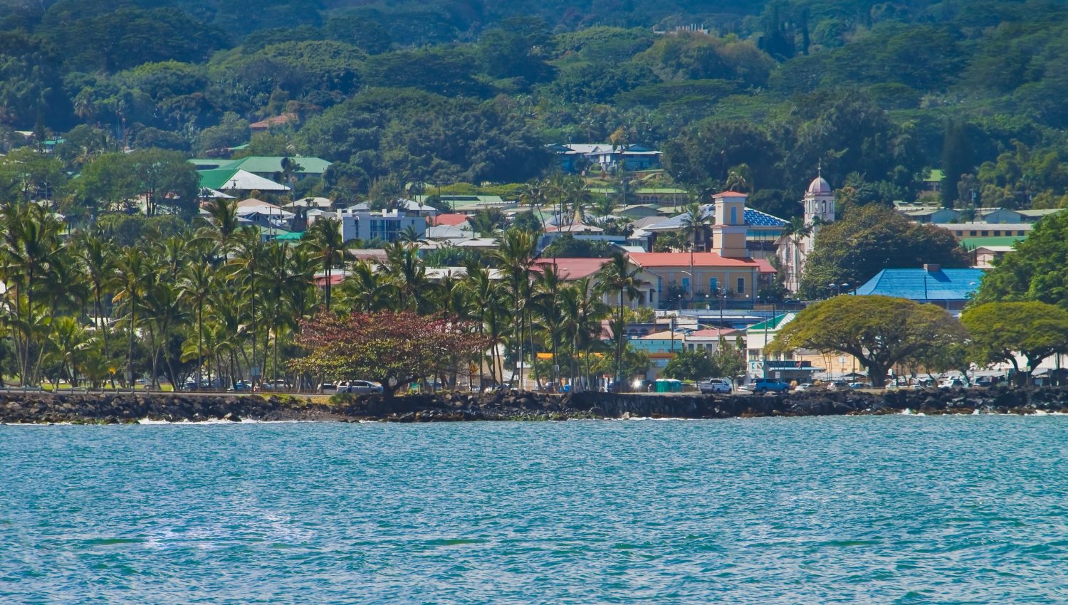 Baia di Hilo con il centro di Hilo in lontananza, Hilo, isola di Hawaii, Hawaii, Stati Uniti