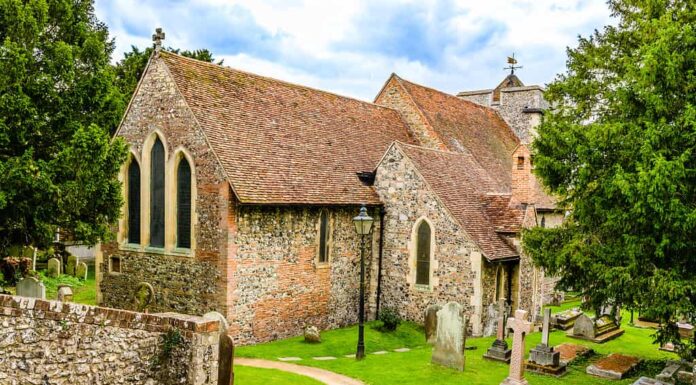 La chiesa di San Martino, sito patrimonio dell'umanità dell'UNESCO, la prima chiesa fondata in Inghilterra a Canterbury, Kent, Regno Unito