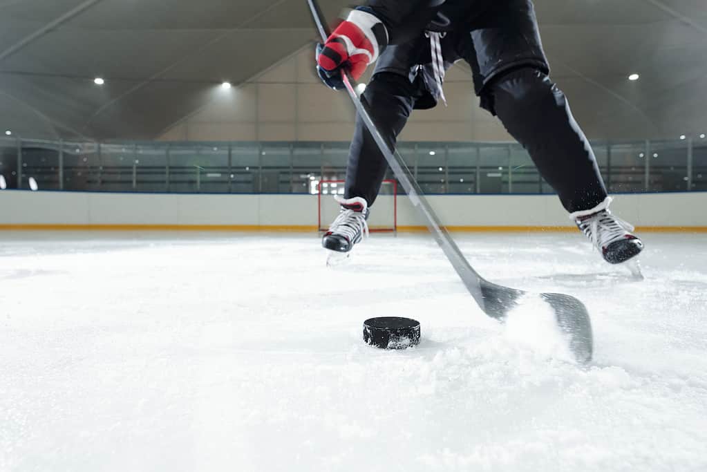 Giocatore di hockey, disco da hockey, ghiaccio, pista di pattinaggio, interno