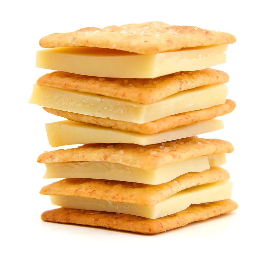 Deliziosi cracker con formaggio su sfondo bianco