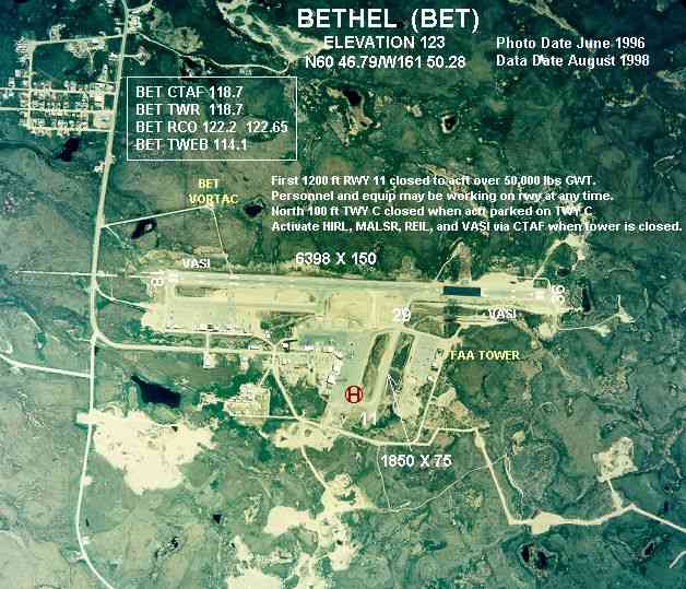 Fotografia aerea con annotazioni dell'aeroporto di Bethel (FAA: BET) a Bethel, Alaska, Stati Uniti.