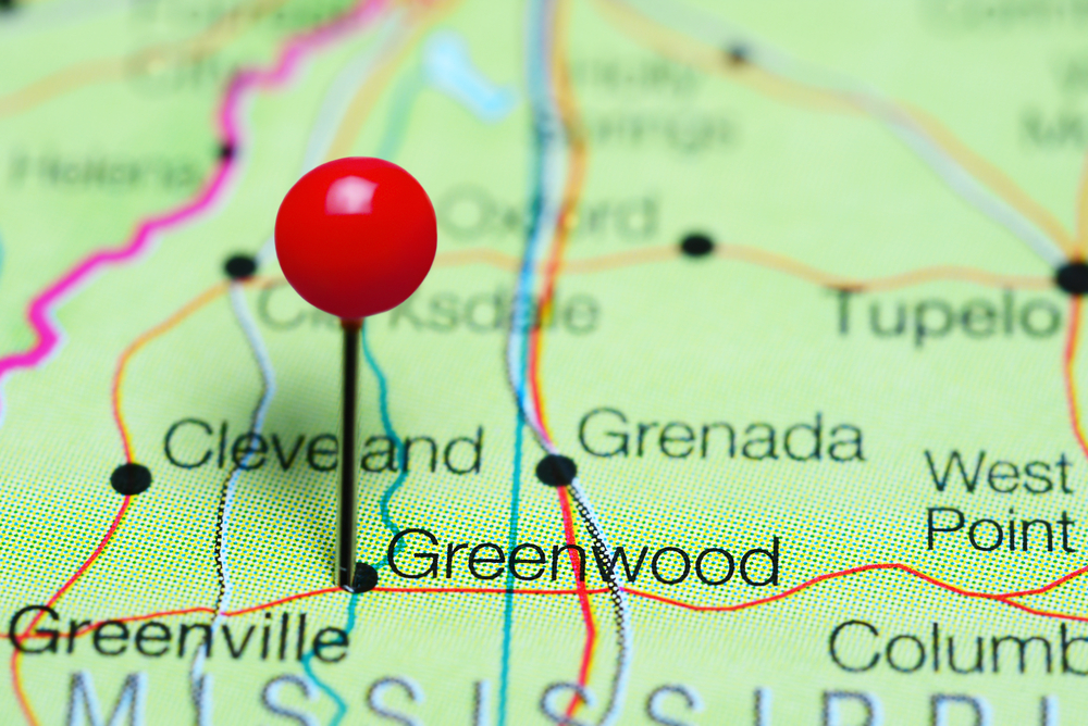 Greenwood appuntata su una mappa del Mississippi, Stati Uniti